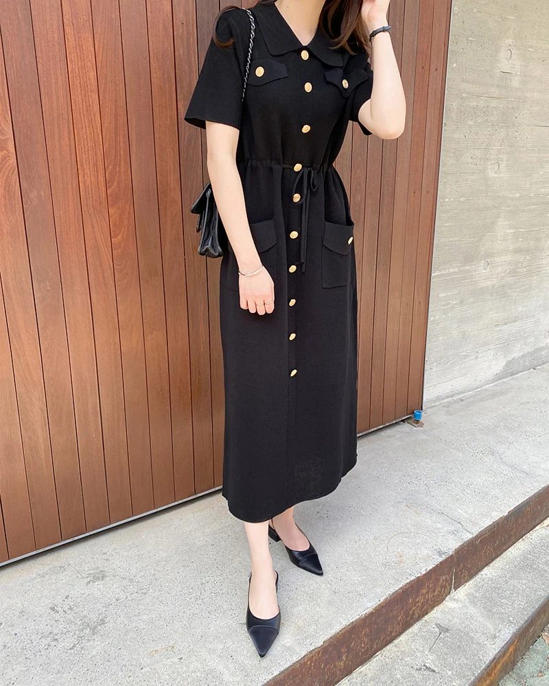 

Женское трикотажное платье на завязках, элегантное платье во французском стиле с множеством карманов и металлической пряжкой, длинным рукавом и поясом