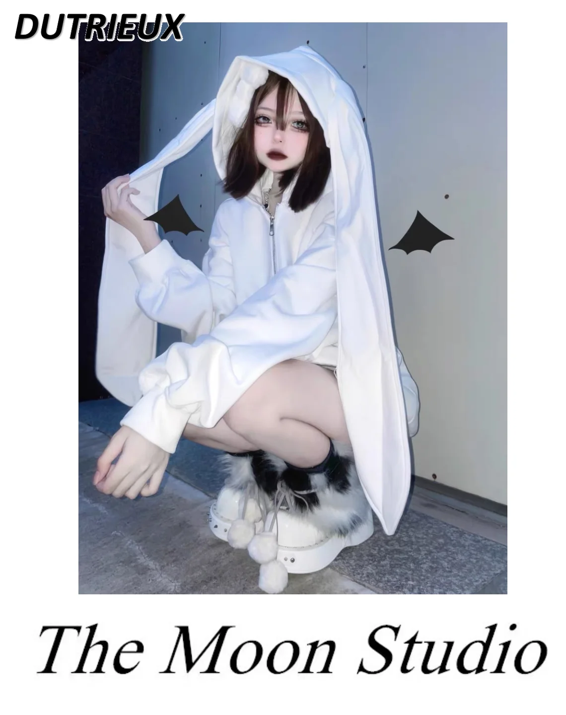 

Spring Autumn White Sweet Cute Loose Sweatshirt for Lady 2023 New Punk Hooded Coat Solid Color Hot Girl Women's Casual Jacket