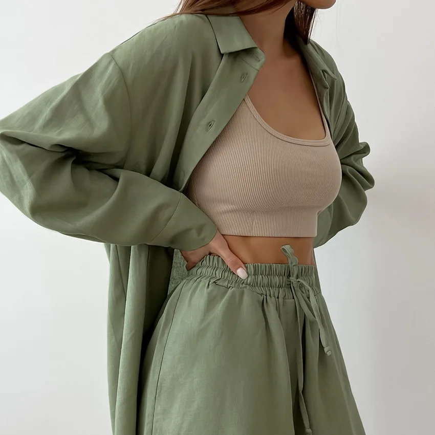 Autumn Cotton Linen Pajamas Green Fashion Casual Shirts Shorts Two-piece Loose Women Home Clothes Pyjama Femme Sexy Sleepwear