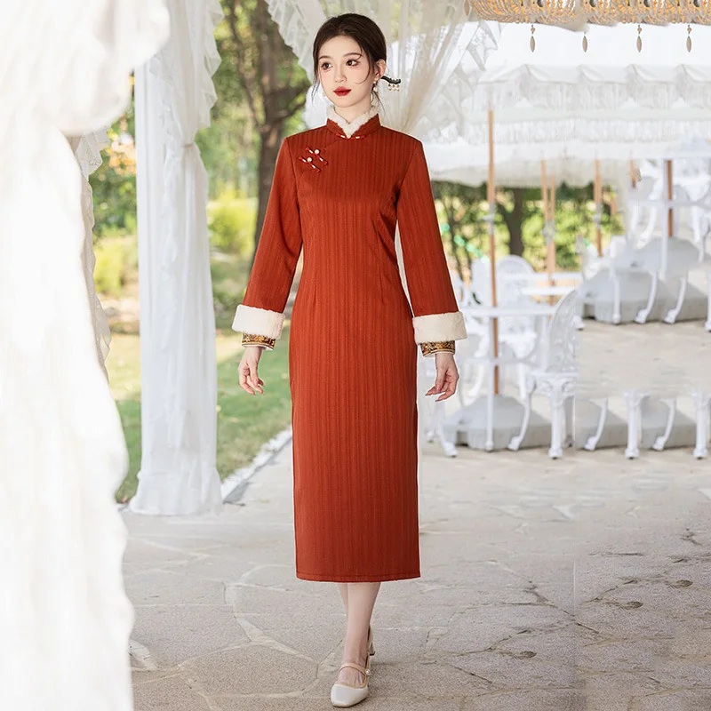 Осенне-зимнее плотное китайское длинное стильное улучшенное платье Cheongsam для