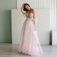 long 3d applique tulle prom dresses 2022 off the shoulder flower evening party dress women a line backless prom gown custom made