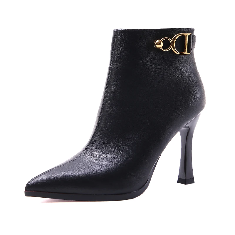 Pointed Solid Color PU Leather Stiletto Heels Women's Boots Winter Metal Slim Ankle Boots Simple Back Zipper Short Boots Ladies