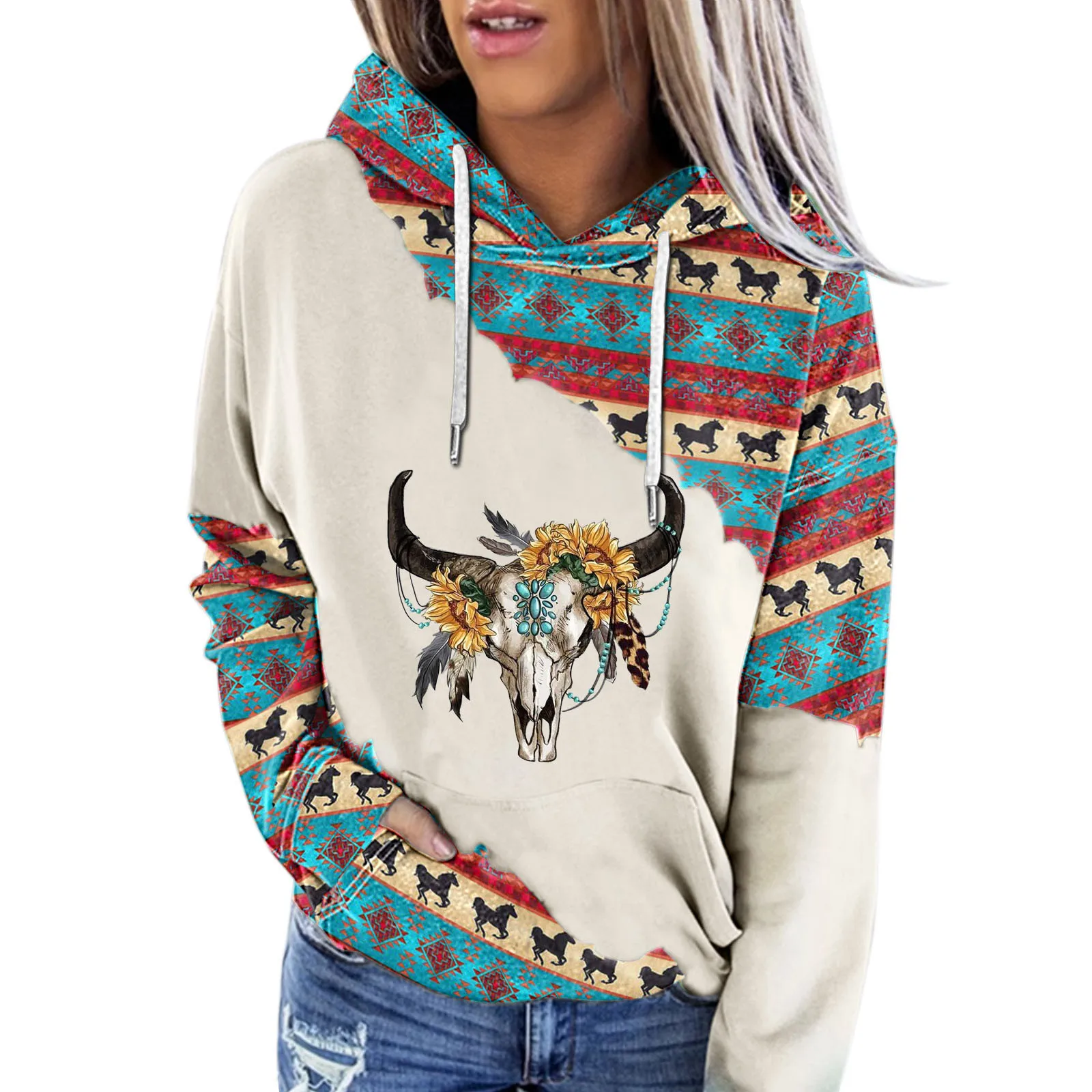 

Женская толстовка с длинным рукавом, винтажный свитшот с принтом черепа и коровы, уличная одежда, пуловер для девушек, 2022