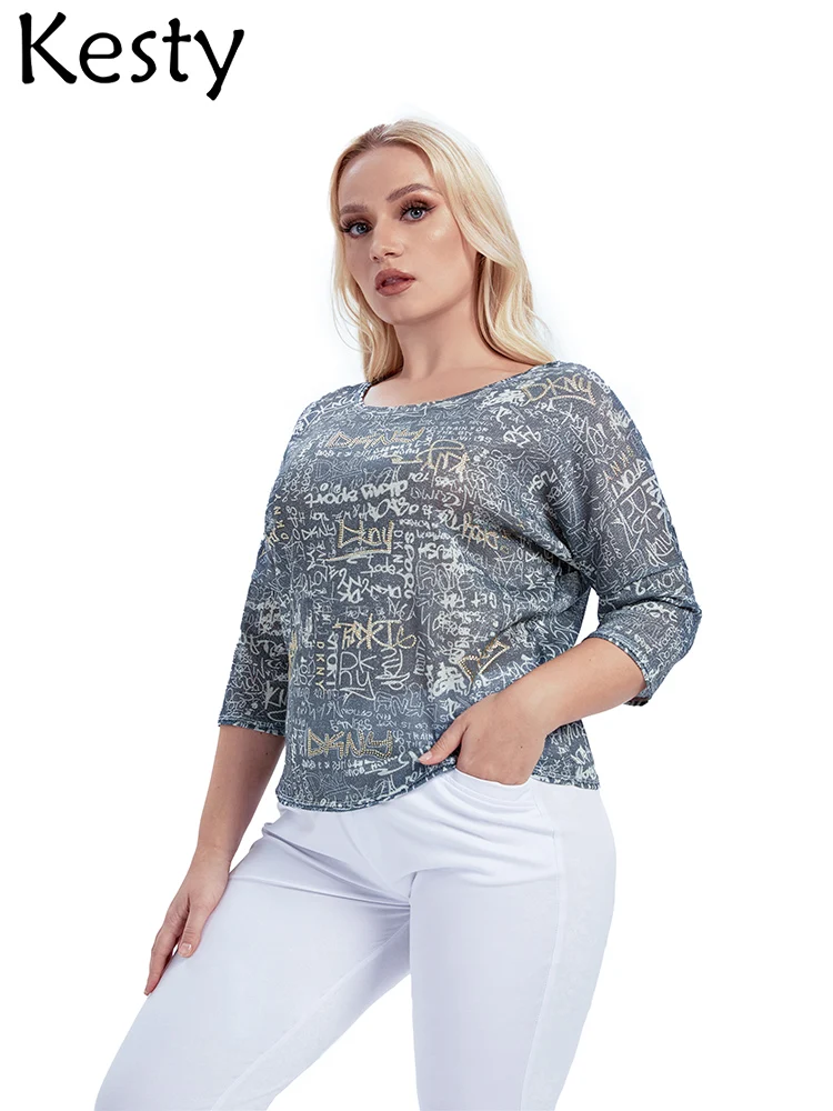 

KESTY Women's Plus Size T-Shirt Spring Cotton 3/4 Sleeve T-Shirt Slim Fit Casual Crew Neck Fashion Top