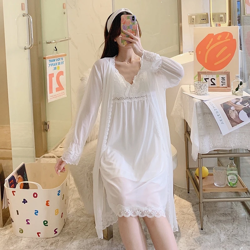 Женское кружевное ночное белье из модала комплект 2 предметов для осени 2024