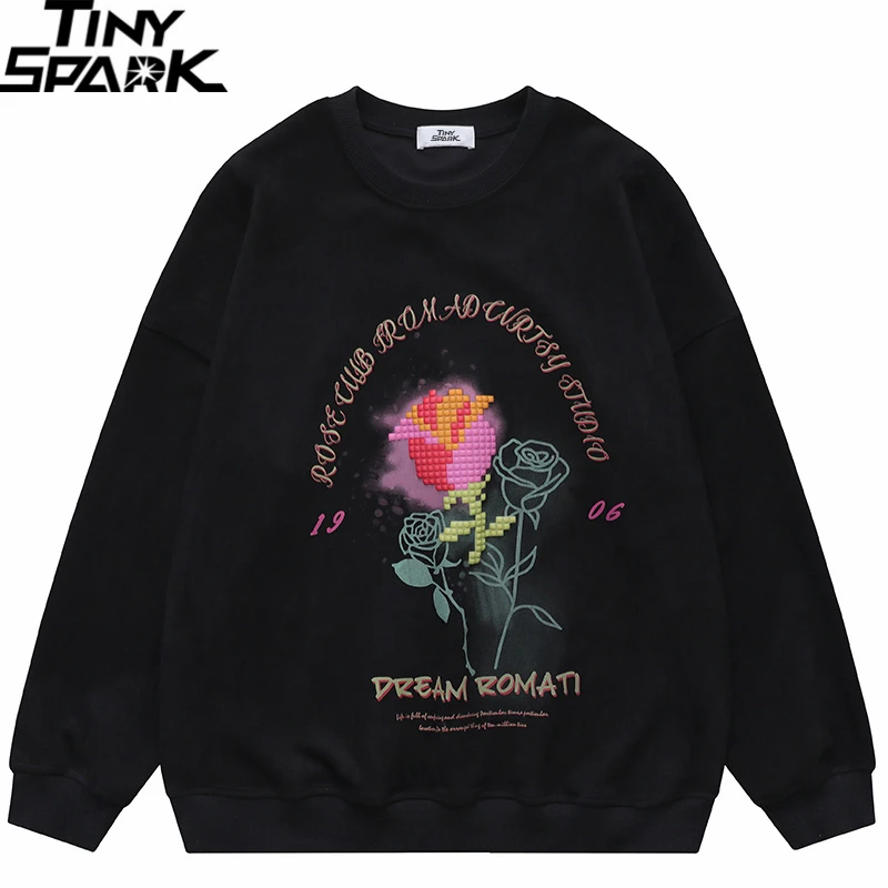 

Men Streetwear Suede Sweatshirt Rose Graphic Pullover 2022 Autumn Retro Pullover Harajuku Floral Sweat Shirt Hip Hop Hipster