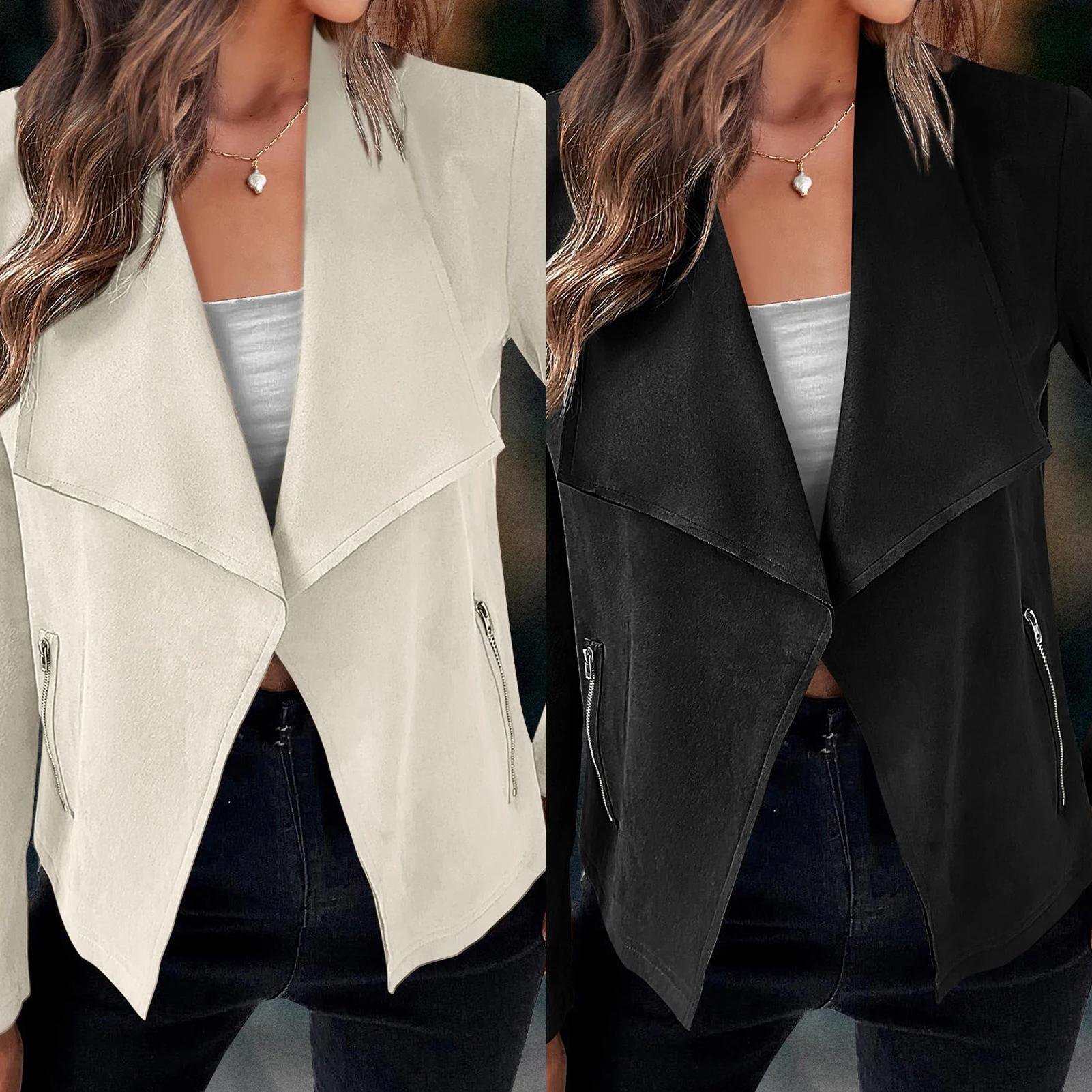 

Turn Down Collar Artificial Suede Jackets Pockets Fall Open Front Cropped Coat Pockets Biker Jacket Loose Fit Coats Daily Outfit