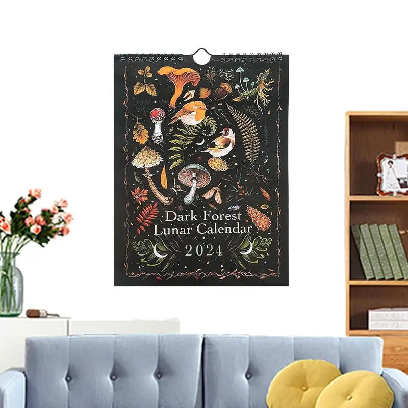 

Календарь Темный лес на Луне 2024, настенные календари на луну с 12 иллюстрациями, водонепроницаемый лунный календарь, 12 иллюстраций на Пасху