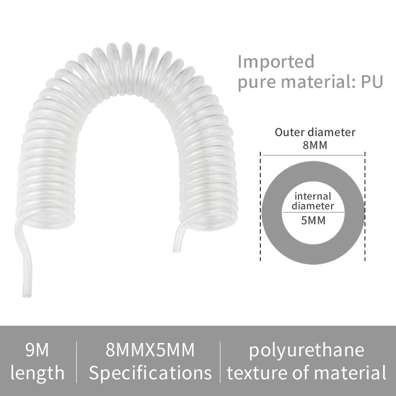 

Прозрачная пневматическая пружинная трубка из искусственной кожи, синяя 6*4 мм, 8*5 мм, 3 м/6 м/9 м/12 м/15 м, телескопический спиральный шланг для воздушного компрессора, гибкая труба для воздушного инструмента