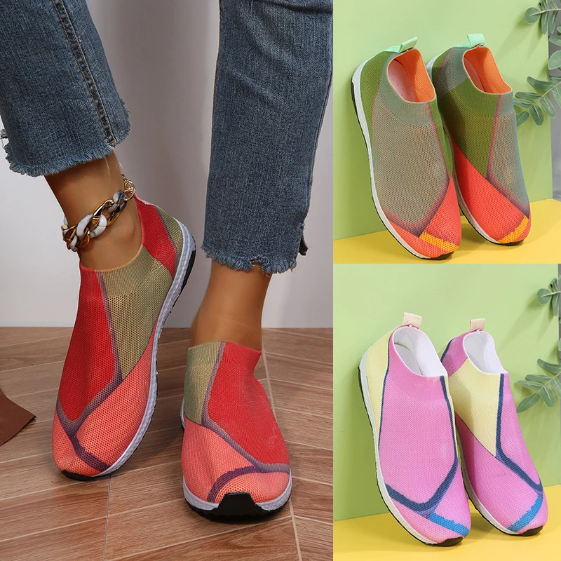 

Летние новые женские повседневные туфли, модные вязаные кроссовки на плоской подошве, женская обувь