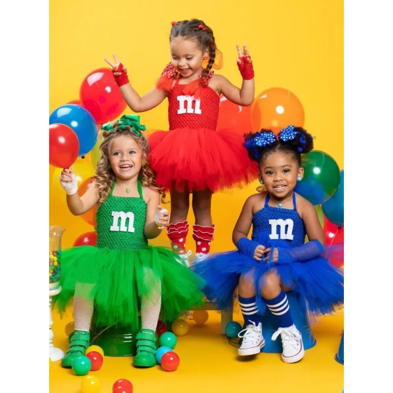 Фото Костюм для косплея M&M, фатиновые платья-пачки для малышей, танцевальная одежда, одежда для девочек-уболівальников, школьная одежда для школьниц, команда поддержки, буквы M №1