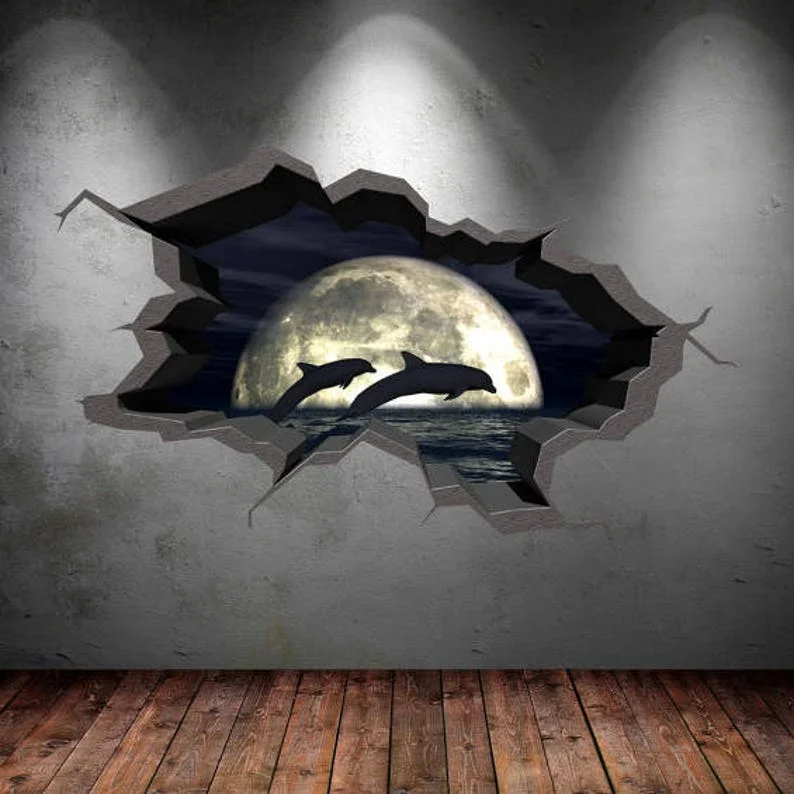 

DOLPHINS WALL DECAL, Jumping Dolphins in Front of Full Moon Wall Art, Kids Bedroom Decal, Removable Peel and Stick Wall Mural