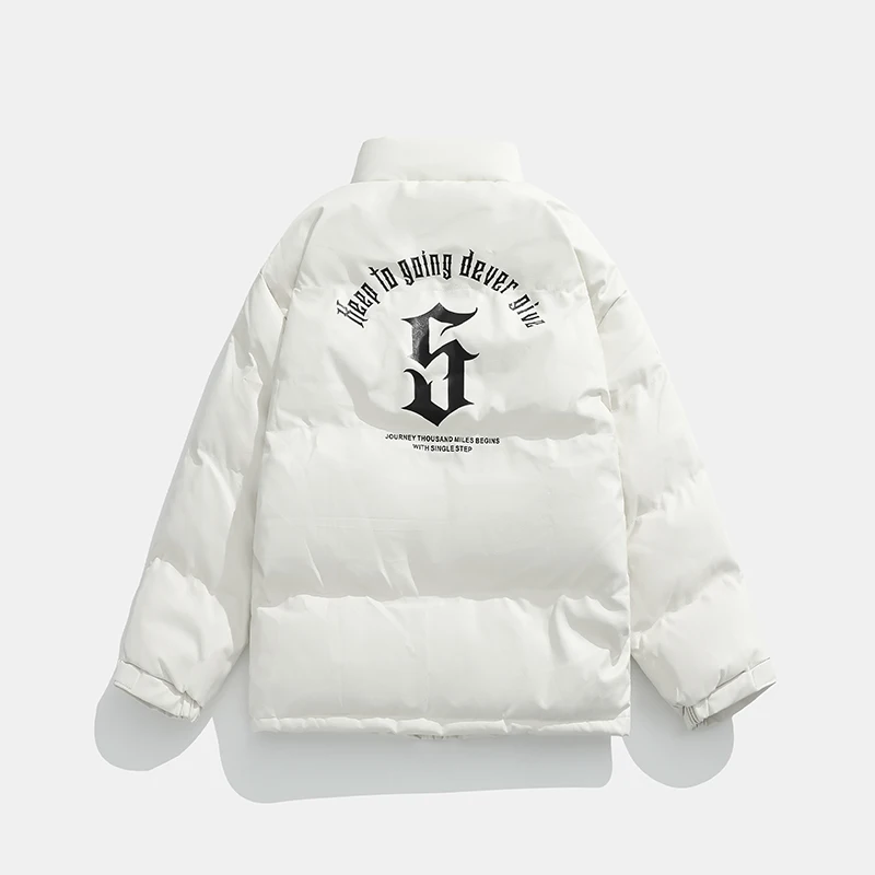 Mens Winter Jackets PU Leather Padded Parkas Harajuku Letter Printed Streetwear Hip Hop Oversized Casual Unisex Coats