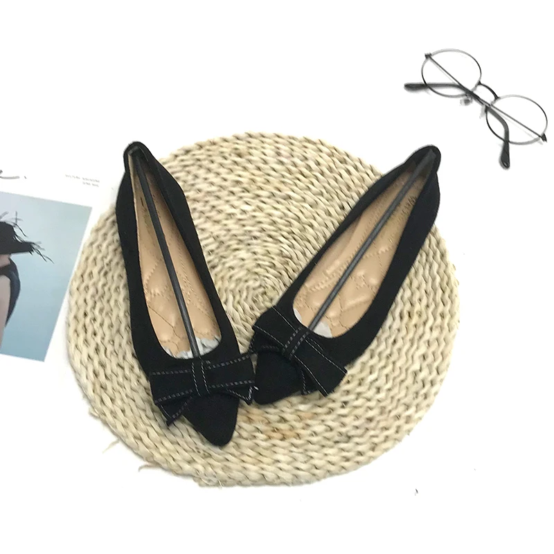 

2023 Spring Elegant Bow-knot flats woman ballerina plus size 31-45 sneaker shoes women loafers pointed toe flock moccasins
