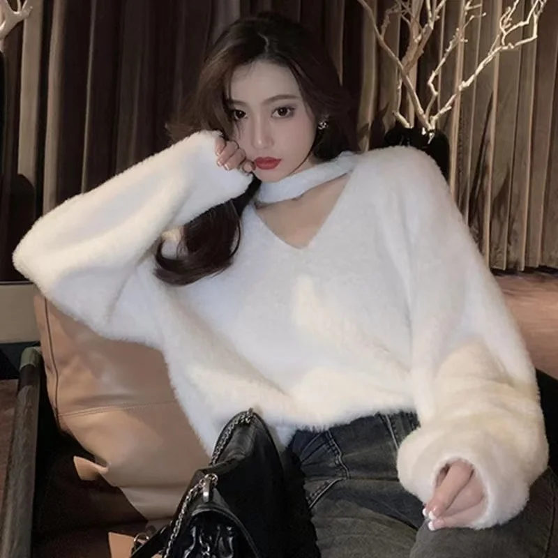 

Женская одежда вязаный свитер белый с v-образным вырезом с вырезами во французском стиле с длинными рукавами повседневные Модные мешковаты...