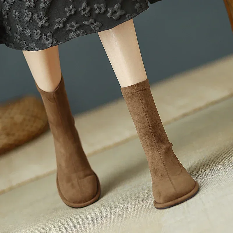 Осенние винтажные женские эластичные ботинки на плоской подошве модные