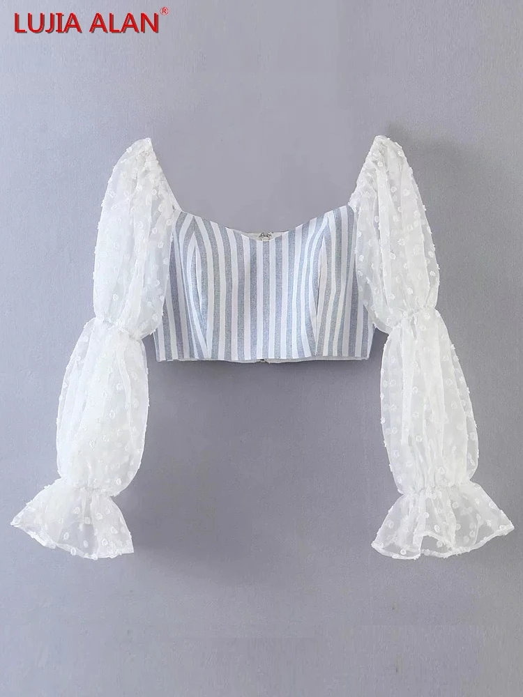 

Women Jacquard Puff Sleeve Splicing Stripe Short Blouse Summer Female Slim Shirt Smock Crop Tops Blusas LUJIA ALAN B071