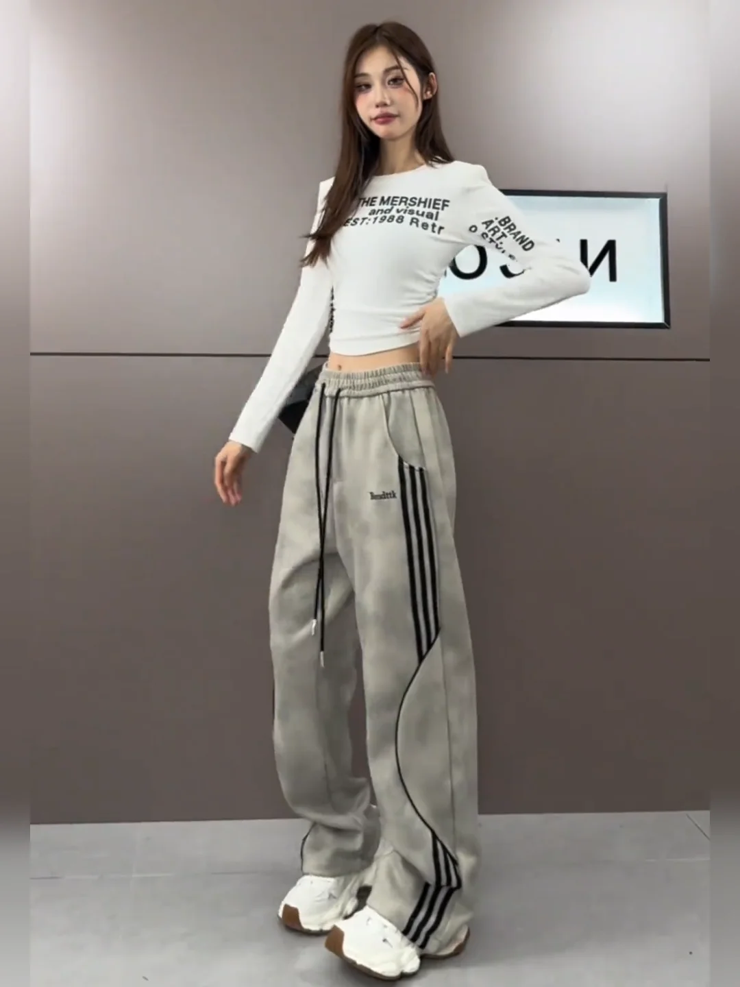 Plus Size Gray-green Tie-dye Heavy Industry Contrast Color Bars Fleece-lined Wide Leg Pants Women Autumn and Winter New Ameri...