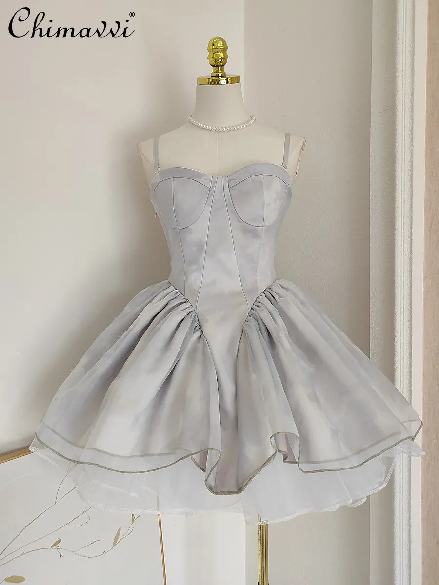 

Dress with Crinoline French Organza Suspended Pleated Pettiskirt Princess Dress 2023 Spring Summer Irregular Lace Up Bow Shawl