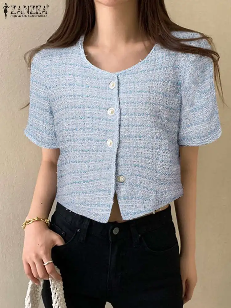 

ZANZEA Elegant Sweet Women Blouse Summer Cropped Shirt Casual Short Sleeve Tops Korean Style Blusas Female Party Club Blouses