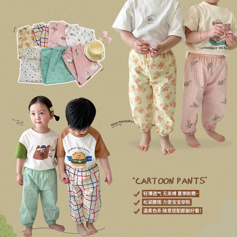 

Детские летние брюки для мальчиков и девочек, повседневные однотонные Мультяшные брюки с защитой от москитов, детские брюки, корейские Капр...