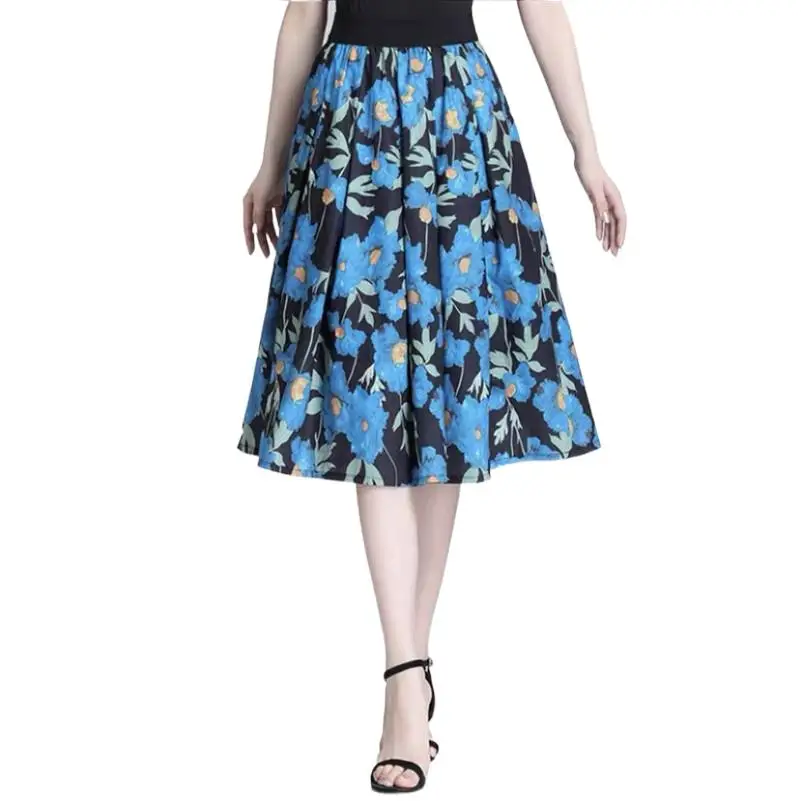 

Summer Cotton New Women Blue Printed Maxi Dress Elegant Knee-Length Elastic Waist Vintage A-Line Thin Vestidos