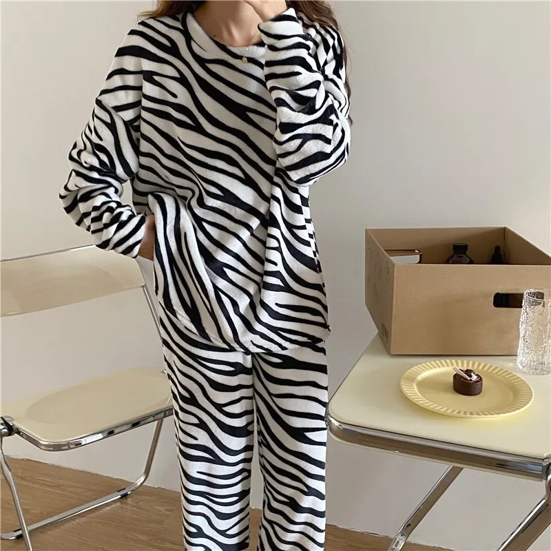 Winter Warm Thick Coral Fleece Pajamas Women Fashion Zebra Pattern Home Clothes Sets