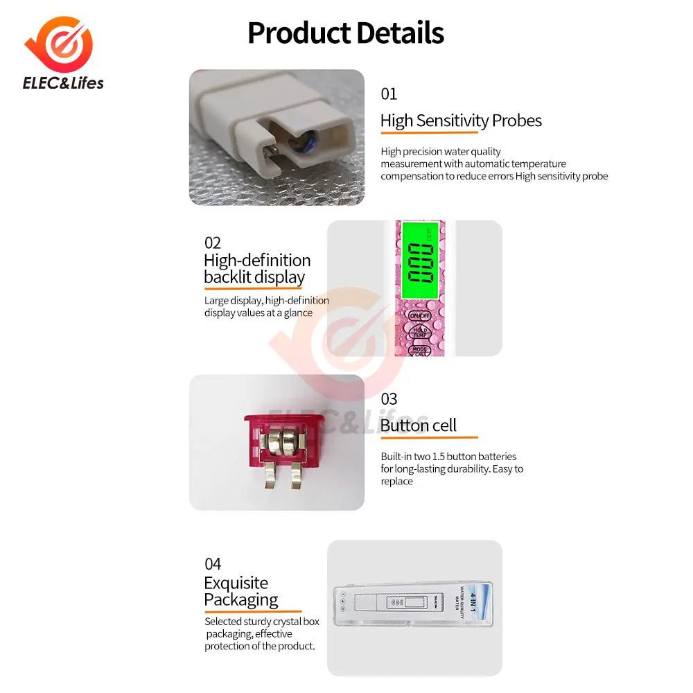 4 в 1 водонепроницаемый TDS/EC/температурный/PH-метр цифровой тестер качества воды с