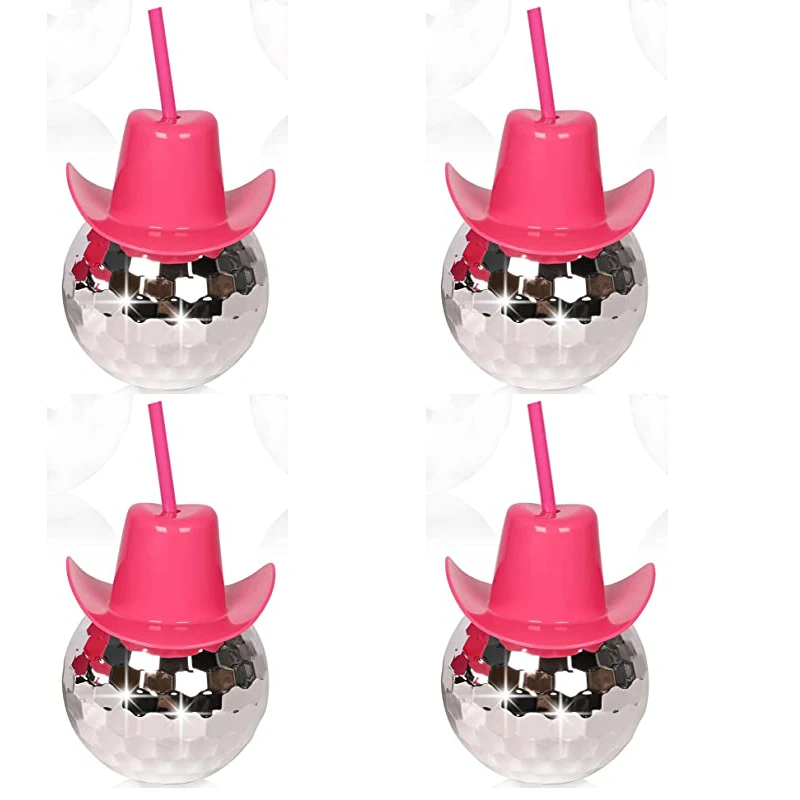 

Disco Ball Pink Cowgirl Hat Cups with Straws Cowboy Western Party 20oz 70 80s Bachelorette Wedding Bride Birthday Sparkly Party