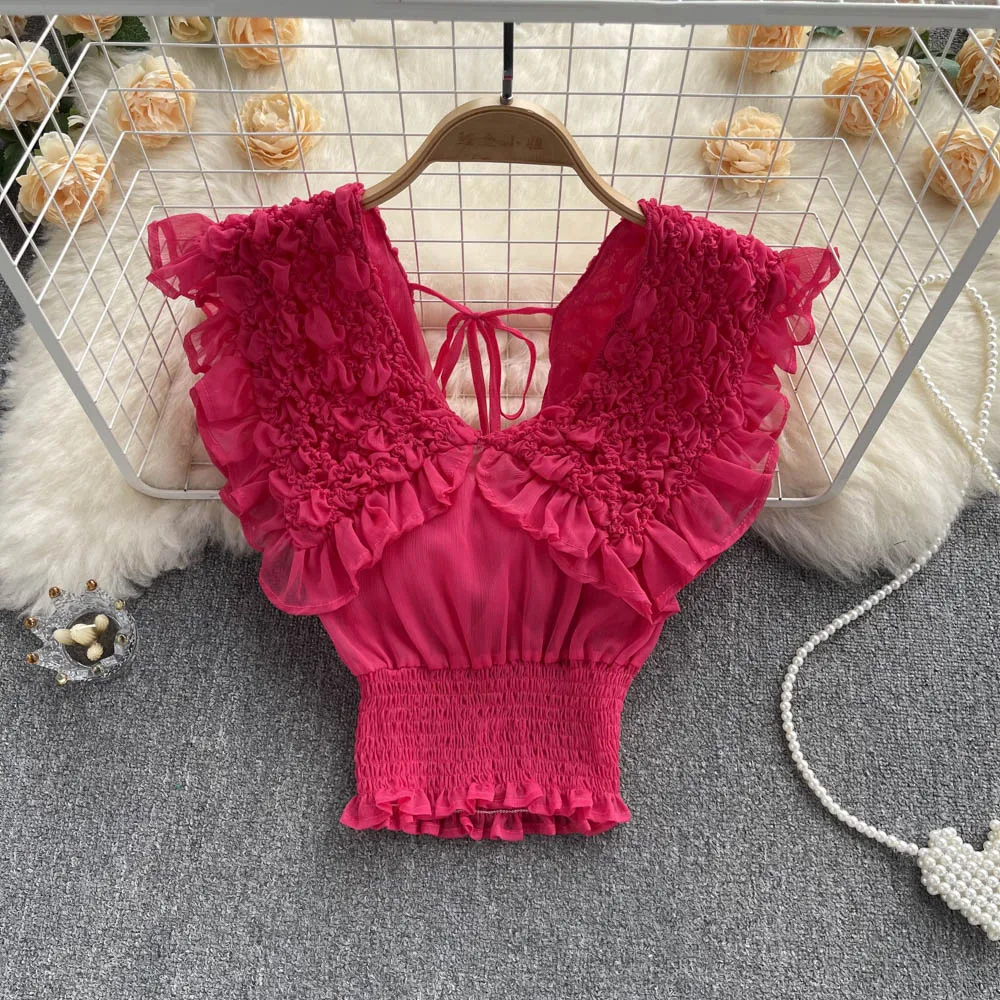 

2022 New Summer Blouse Shirts Sweet Slim Ruffled V-neck Chiffon Shirt Elastic Waist Short Crop Top Girls Holiday Beach Blouses