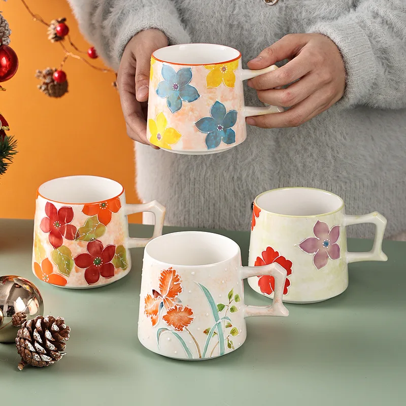 

New Nordic Hand-painted Relief Flower Ceramic Breakfast Drinking Coffee Milk Cup American Household Creative Heat-resistant Mug