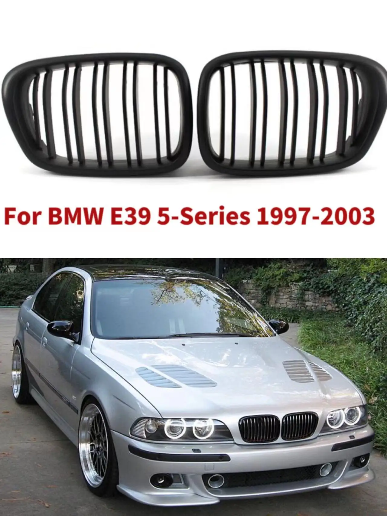 Car Accessories Glossy Black Front Hood Kidney Grille Grill ABS Dual Line Compatible for BMW E39 518 520 528 525 1997-2003