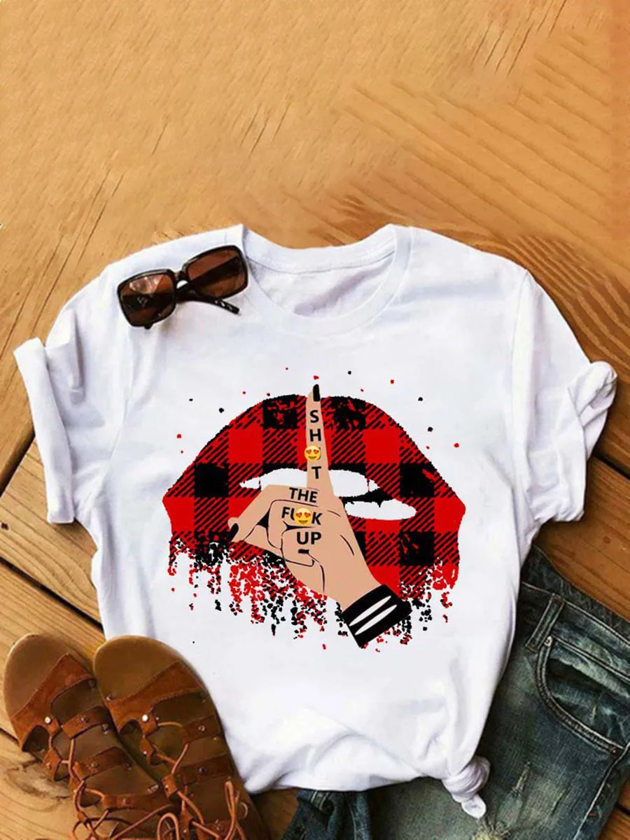 LW Plus Size Casual Plaid Lip Print White T-shirt Women's Clothing Summer Short Sleeves Tops Casual summer T Shirts Clothes