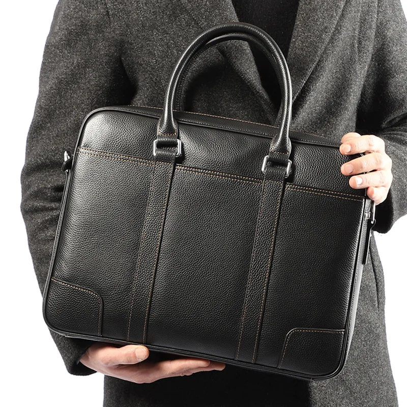 Men's Briefcase Leather Handbag Horizontal Men's Crossbody Bag Head Layer Cowhide Men's Computer Bag 14 inch Business Men's Bag