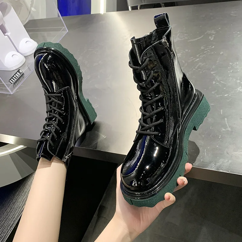 

Women Boots Ankle Short Shoes Autumn Patent Leather Lace Up Ladies Female Pu Non Slip Winter Footwear 2022 NEW Shoes Woman