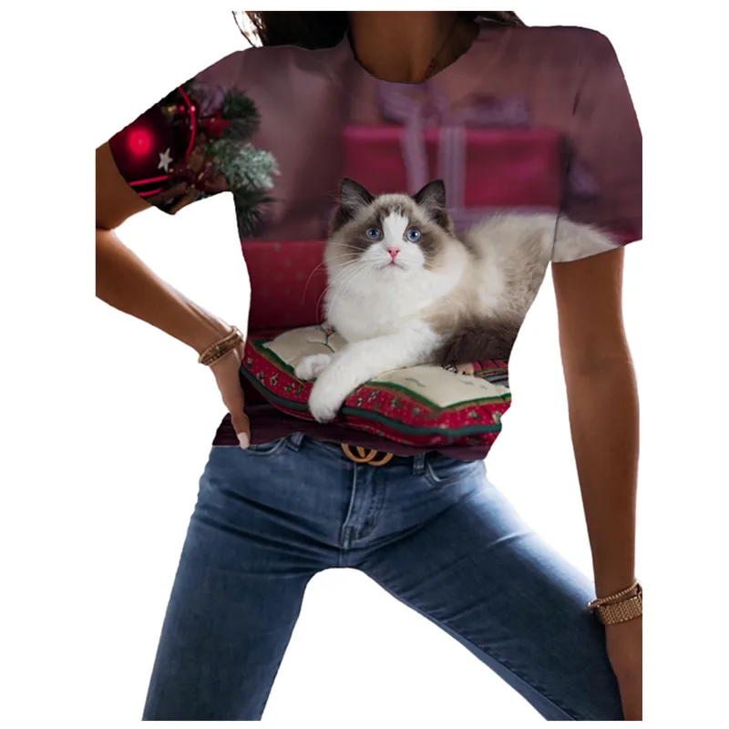 

Женская футболка с коротким рукавом, свободная повседневная футболка с 3d-рисунком кота и круглым вырезом, лето 2022