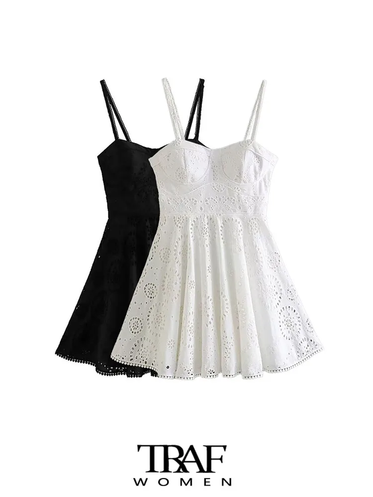 

TRAF Women Fashion Cutwork Embroidery Mini Dress Vintage Sweetheart Neck Thin Straps Female Dresses Vestidos Mujer