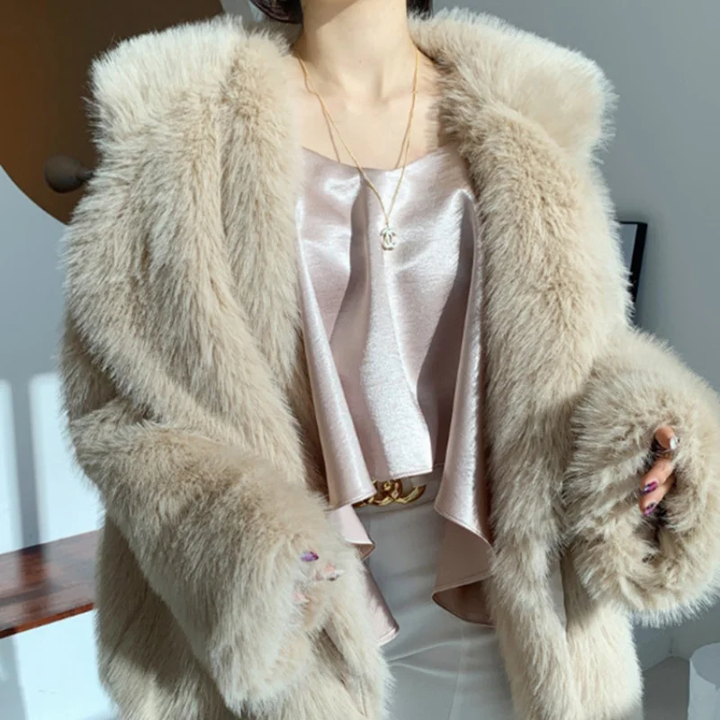 Gentle Luxury Fur Coat For Women Fluffy Furry Faux Fur Jackets Girl Turn-Down Collar Street Outerwear Lady Fashion Warm Overcoat