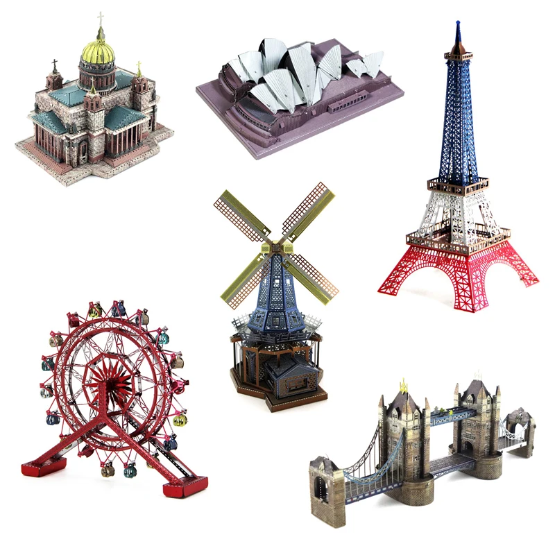 

Colorful World Famous Buildings 3D Metal Puzzle Paris Eiffel Tower Swan Castle London Tower Bridge Architectural Assembly Model