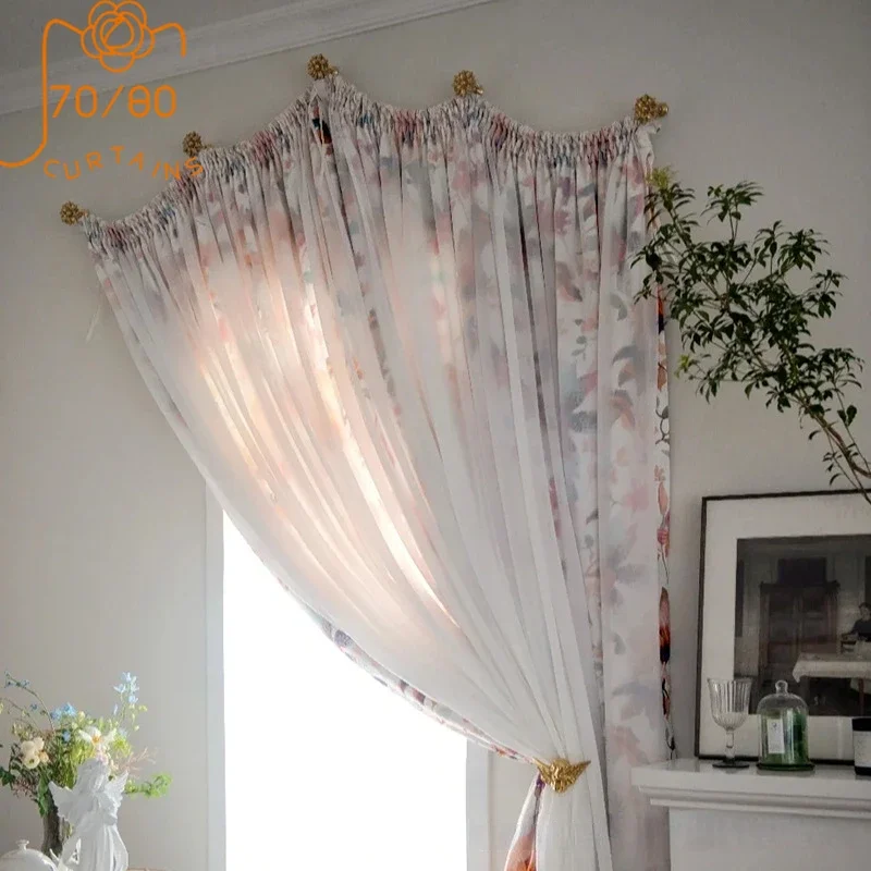 

Flower Garden Printing White Screen Screen Double Curtains for Living Room Bedroom French Window Customized Finished Product