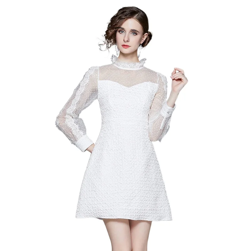 Simgent White Mini Dress 2022 New Autumn Women Long Sleeve Mesh Patchwork Sequin Elegant A Line Dresses Vestidos SG29221