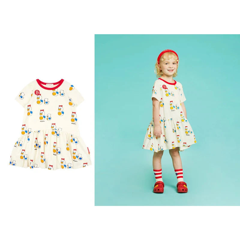 

Girls Dress 2023 Summer New Brand Print Duckling Cute O-neck Casual Dress for Girls Summer Clothing