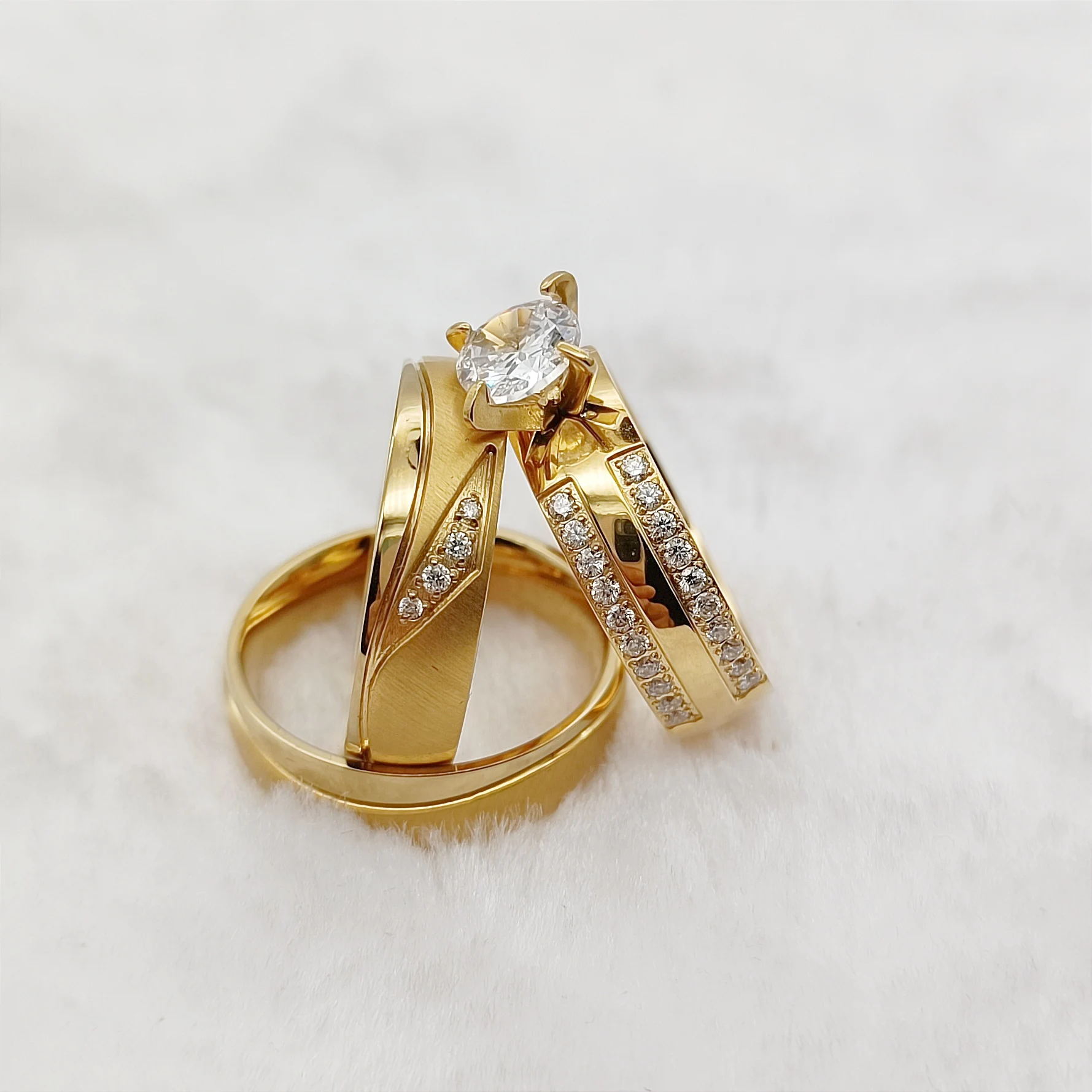 

3pcs Bridal Promise Wedding Engagement Rings Sets For Couples Western Designer 24k Gold Plated Jewelry