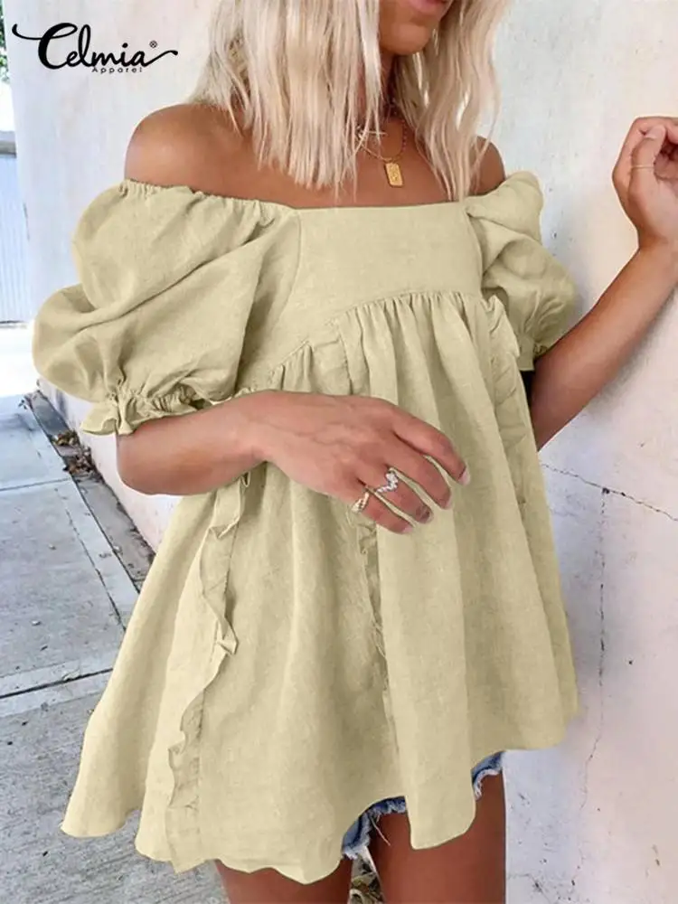 

Celmia Off Shoulder Summer Peplum Blouse Ruffles Stitching Elegant Cotton Fashion Tunic Top Puff Sleeve Women Casual Long Blusas