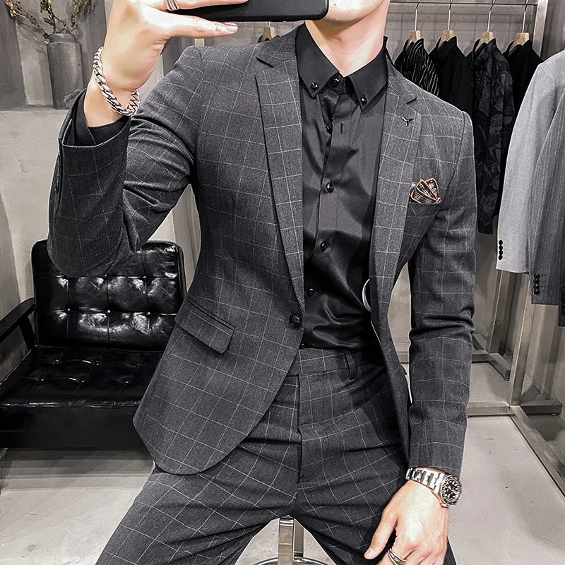 

New Fashion Boutique Plaid Suit Mens Blazer High-end Brand Handsome Slim Fit Korean Jacket Groom Wedding Dress Stage Performance