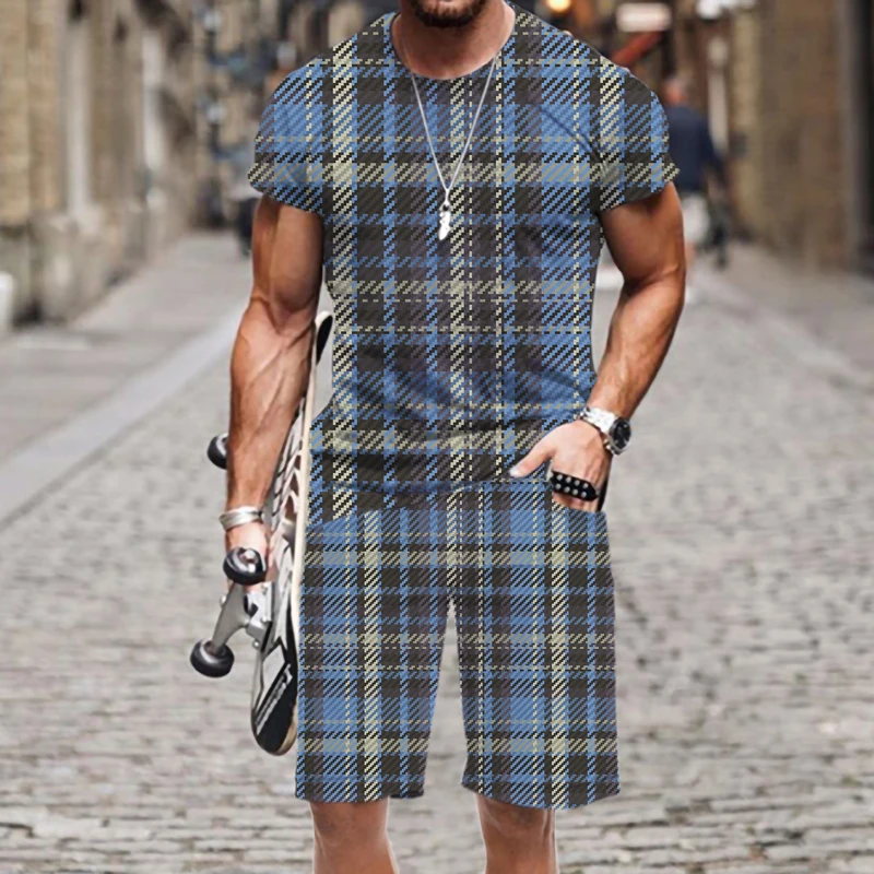 

Retro Plaid Stripe Collection Men's Racksui T Shirts Sets 2-Piece Men's Luxury Branded T-shirts Harajuku Male Suit 2022 New Man