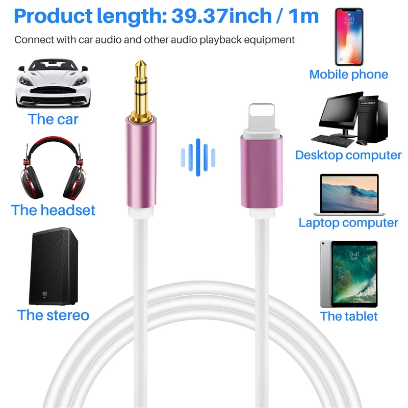 

Шнур Aux для IPhone, шнур Aux для автомобиля Apple, кабель Aux 3,5 мм для IPhone5 и выше моделей и Ipad-розовое золото
