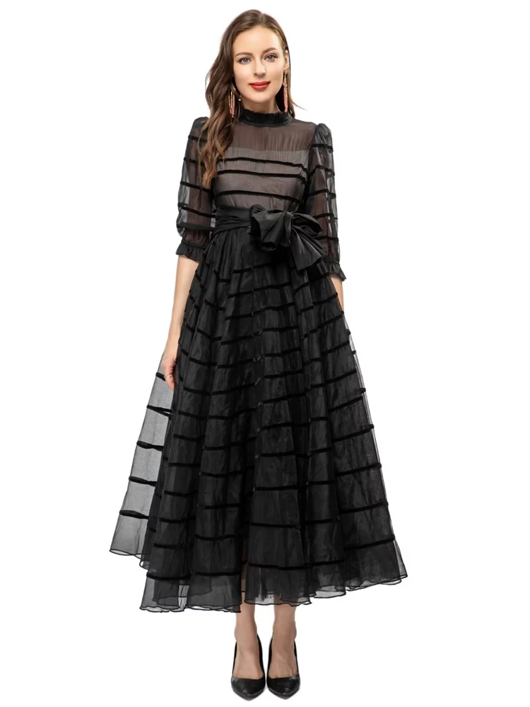 New Women'S High Quality Autumn Fashion Black Lace Up Stripes Party Gorgeous Sunscreen Elegant Casual Celebrity Girls Long Dress