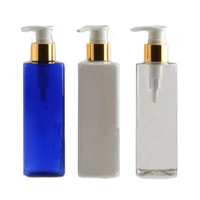 250ml whitebluetransparency square shape refillable squeeze pet portable plastic lotion bottle with gold color pump sprayer
