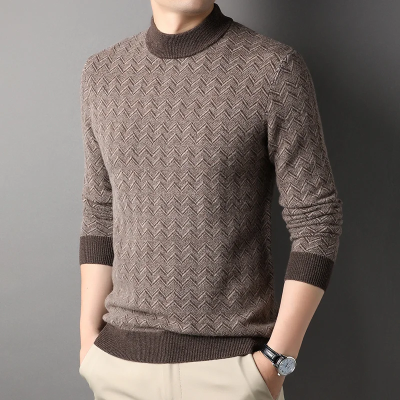 

Pure High Quality 100% Wool Sweater Jacquard Thickened Winter New round Neck Sweater Leisure Warm Men's Knitwear